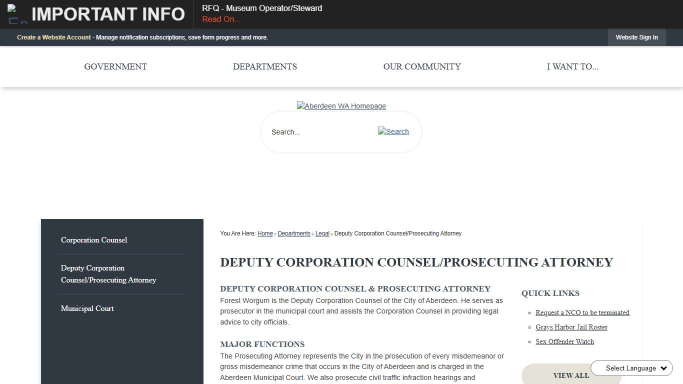 Deputy Corporation Counsel/Prosecuting Attorney Aberdeen, WA